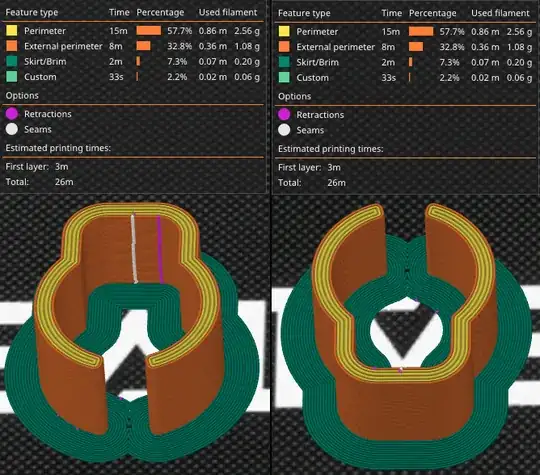 Screenshot of the Prusaslicer Preview of the model showing the seam and retractions