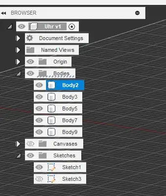 Screenshot of the hierarchy tab at the left of the main screen that contains all bodies, sketches and components Screenshot of the hierarchy tab at the left of the main screen that contains all bodies, sketches and components