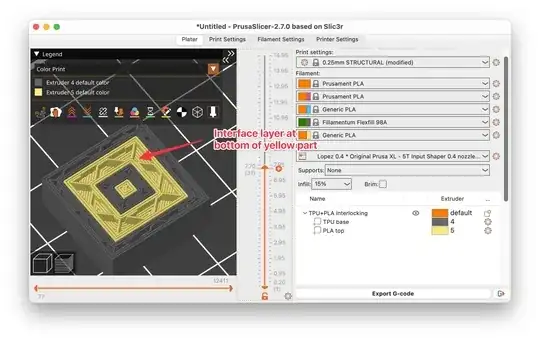 Screenshot of PrusaSlicer 2.7.0 showing sliced preview of a two-part print where interior layers / floors can be seen Screenshot of PrusaSlicer 2.7.0 showing sliced preview of a two-part print where interior layers / floors can be seen