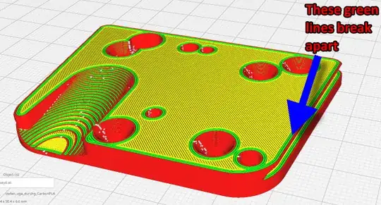 Screenshot of Cura's Print Preview of a 3D printed model showing where the failure happens
