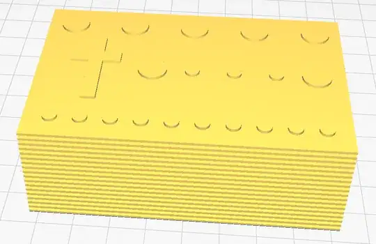 Screenshot of a rectangular 3D model with circles and a cross on top in Cura Screenshot of a rectangular 3D model with circles and a cross on top in Cura