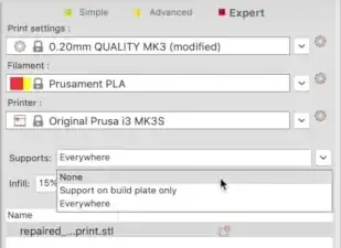 Supports menu - None is selected Supports menu - None is selected
