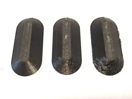3 elongated conical test pieces - convex hull of two translations of a truncated cone with 8 mm diameter at bottom, rising 50°, turned upside down to show overhang print problems