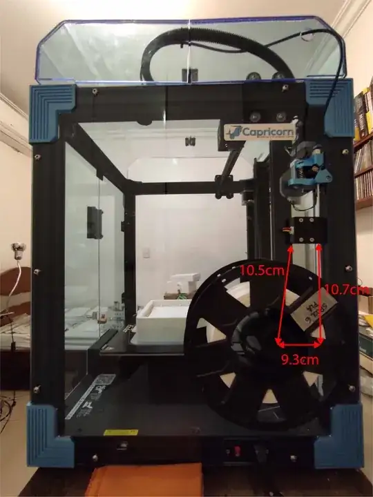 Side View of Ender 6, with dimensions, loaded with a 1kg white PLA spool