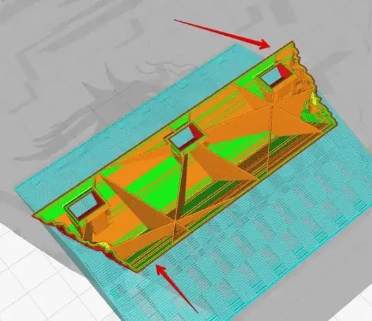 Another Cura preview further into the print with arrows indicating problem areas