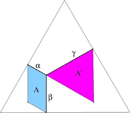 The areas $A$ and $A'$ in a Viviani's theorem framework.