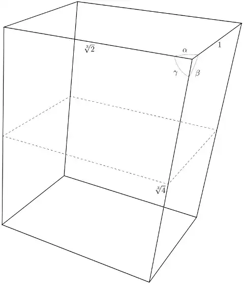 A non-rectangular parallelepiped with self-similar halves