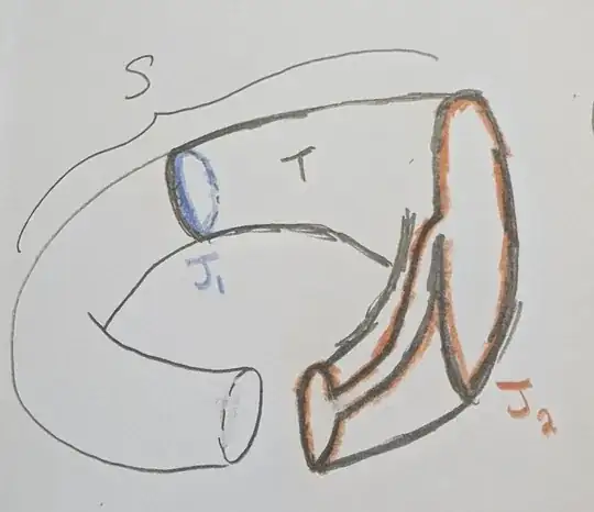 A choice of submanifold T inside S, with the boundary components colored blue and orange