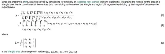 Screen cap of formula on the page: http://mathworld.wolfram.com/TriangleTrianglePicking.html