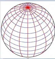 sphere with lines of latitude and longitude, north pole tilted toward the observer