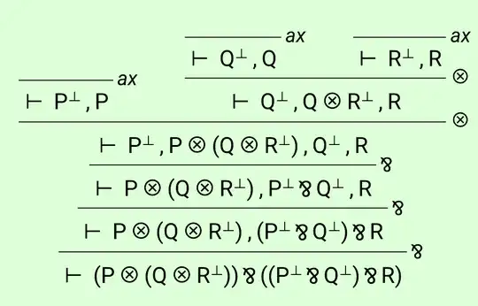A linear logic proof that P⊸(Q⊸R) implies (P⊗Q)⊸R, produced by the linked tool