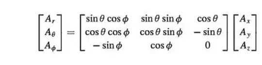  Matrix for transforming cartesian system vectors to spherical coordinate system vectors