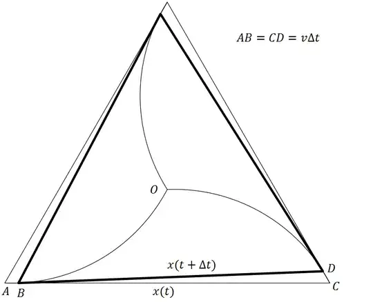 The image represents the position of the three particles at any instant of time $t$ and its subsequent position after a time $\Delta t$.