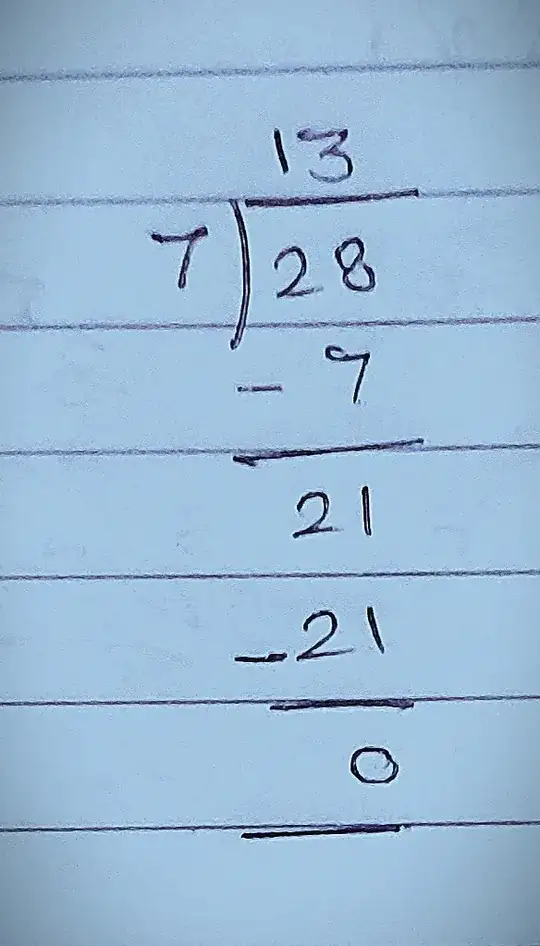28÷7=13