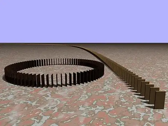 Light dominoes in line; dark dominoes beside the line in a circle