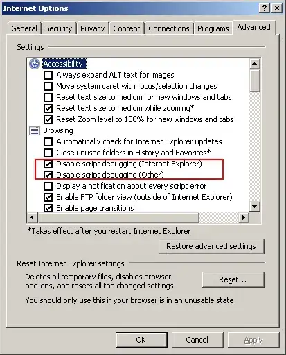 Dialog for disabling script debugging. Internet Options Screenshot