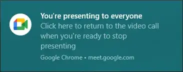 Windows notification with title "You're presenting to everyone"