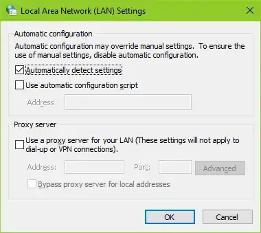 Screenshot of Local Area Network (LAN) Settings