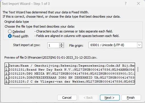 Import wizard fixed length step 1 of 3