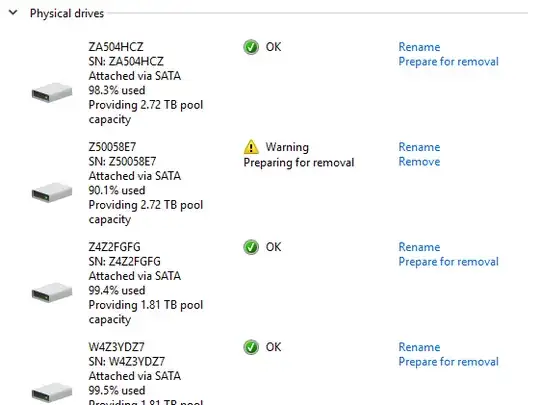 Physical drives, showing 'Preparing for removal' on missing drive