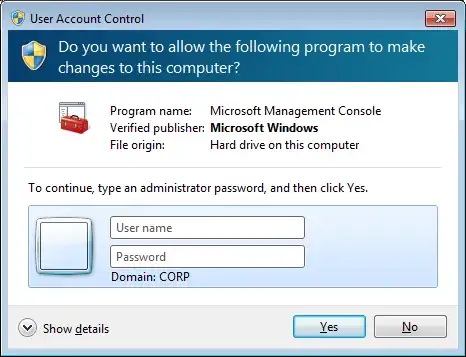UAC prompt requires input for user name and password.